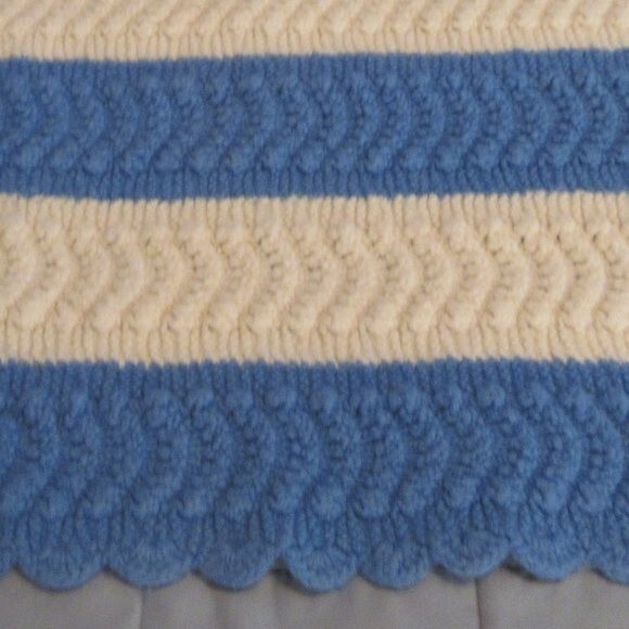 Handmade Crochet Afghan Throw Striped Blanket 47x35 Cream Blue Scalloped Edges - Picture 2 of 7